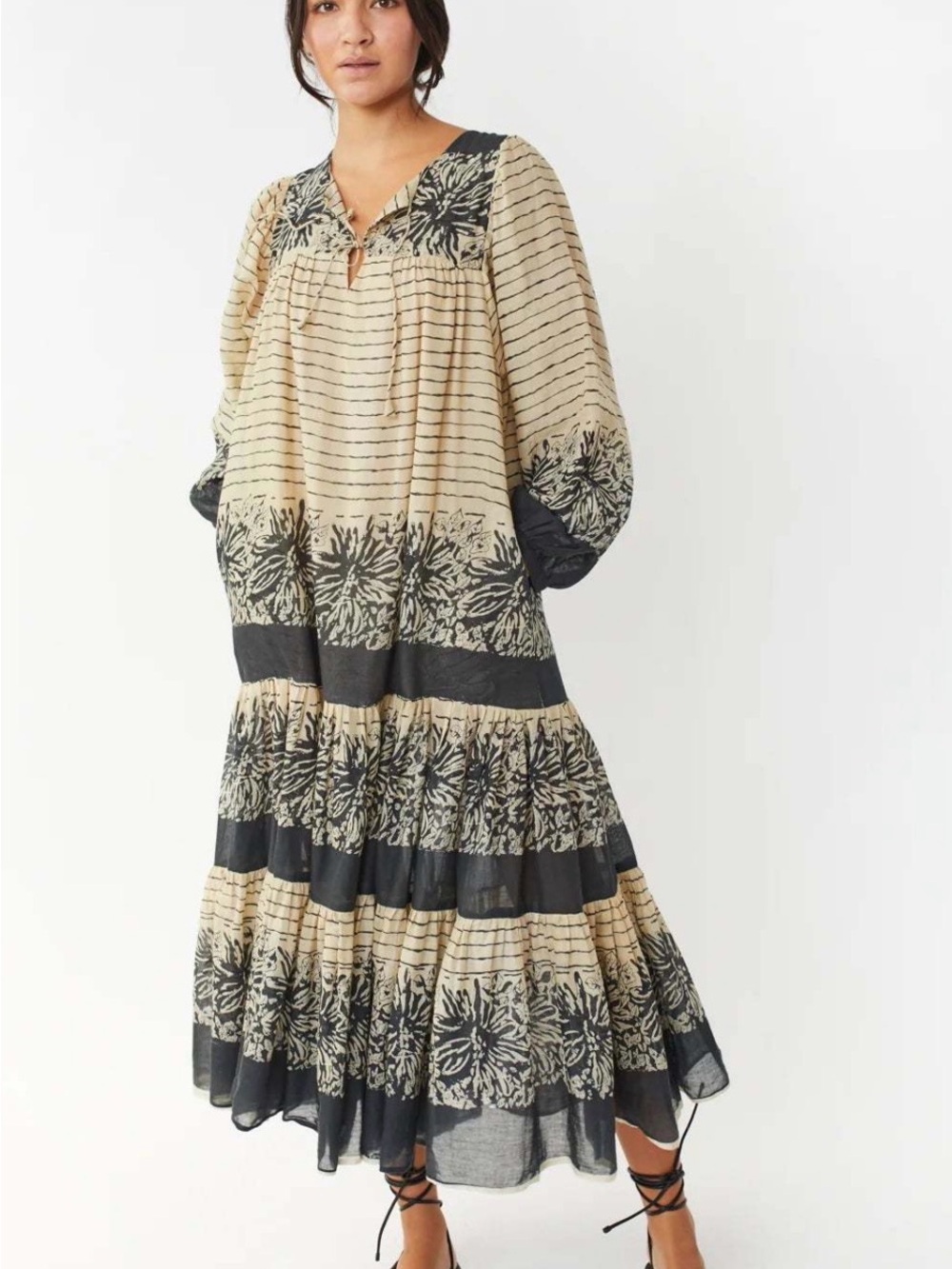 Matta NY Jaani Bagh Boho Stripe & Floral Black Cream Maxi Dress